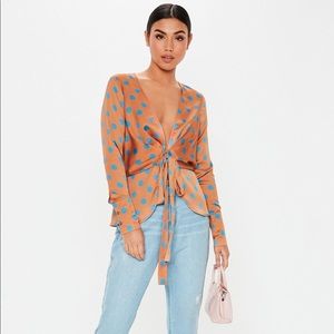 Rust polka dot tie front plunge blouse